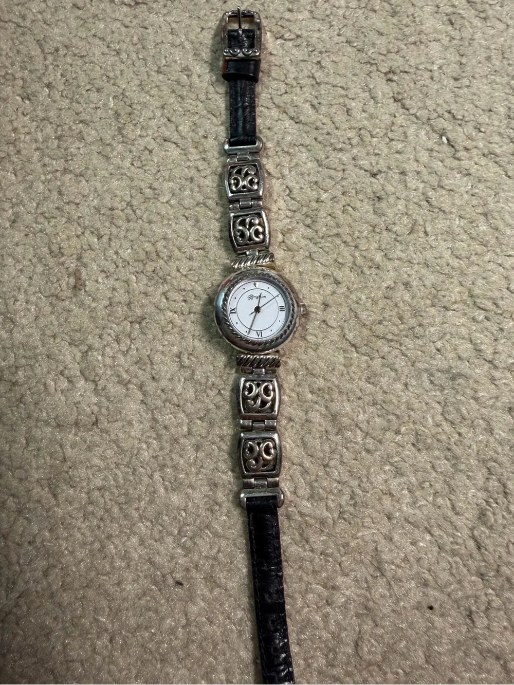 Women’s Brighton Camden Reversible Silver-Plated Watch with Black Leather Band